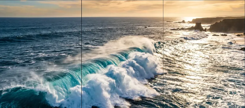 Turquoise wave breaking off a rocky coastline at sunset, split into a seamless 3-tile Instagram grid