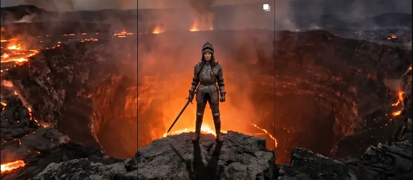 Armoured warrior on volcanic rock at the rim of a lava-filled crater, split into a seamless 3-tile Instagram grid