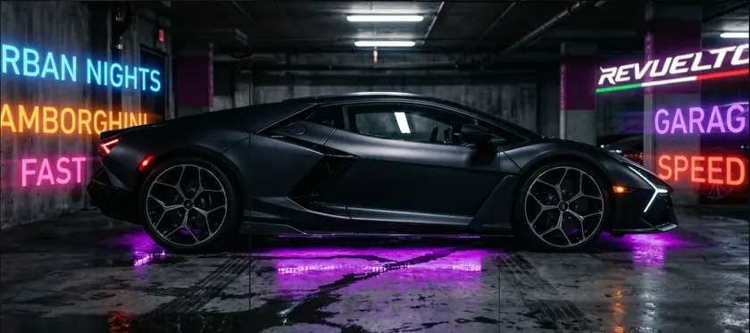 Matte black supercar in a neon-lit garage, split into a seamless 3-tile Instagram grid