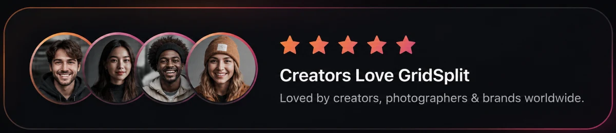 Four creators who use GridSplit, shown with a five-star rating: loved by creators, photographers and brands worldwide
